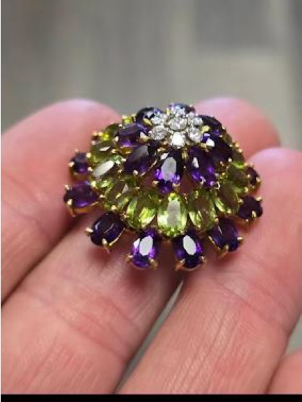 18k Amethyst & Peridot Flower Brooch with Diamonds